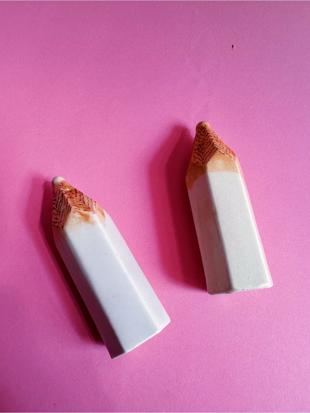 Vintage Ceramic Pencil End Salt & Pepper Shakers - White with Tan Tips